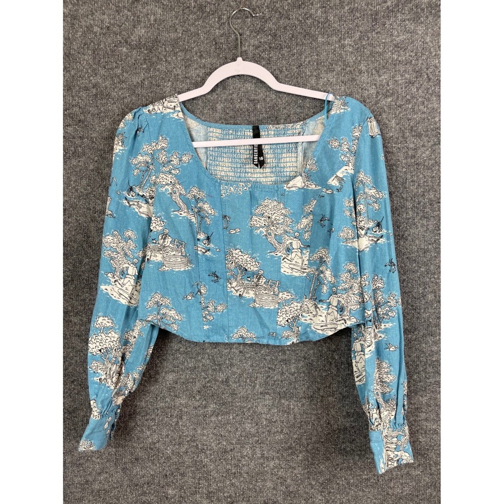Dangerfield Crop Top Womens 16 Blue Skeleton Toile Square Neck Long Sleeve EUC